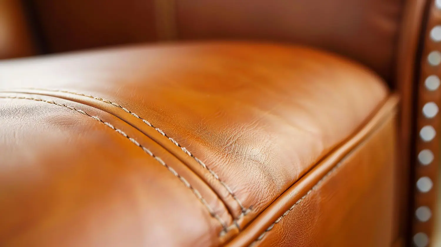Close-up of a tan leather restaurant armchair seat with contrast stitching and stud trim along the front edge