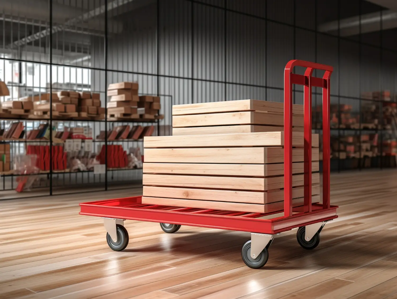 Stacked timber restaurant table tops on a steel platform trolley in a furniture factory