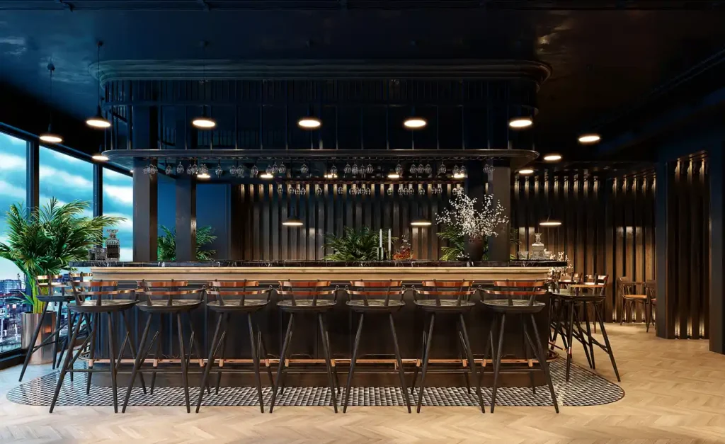 Bar counter dimensions in a finished hotel bar, with stools set along the full length of the counter