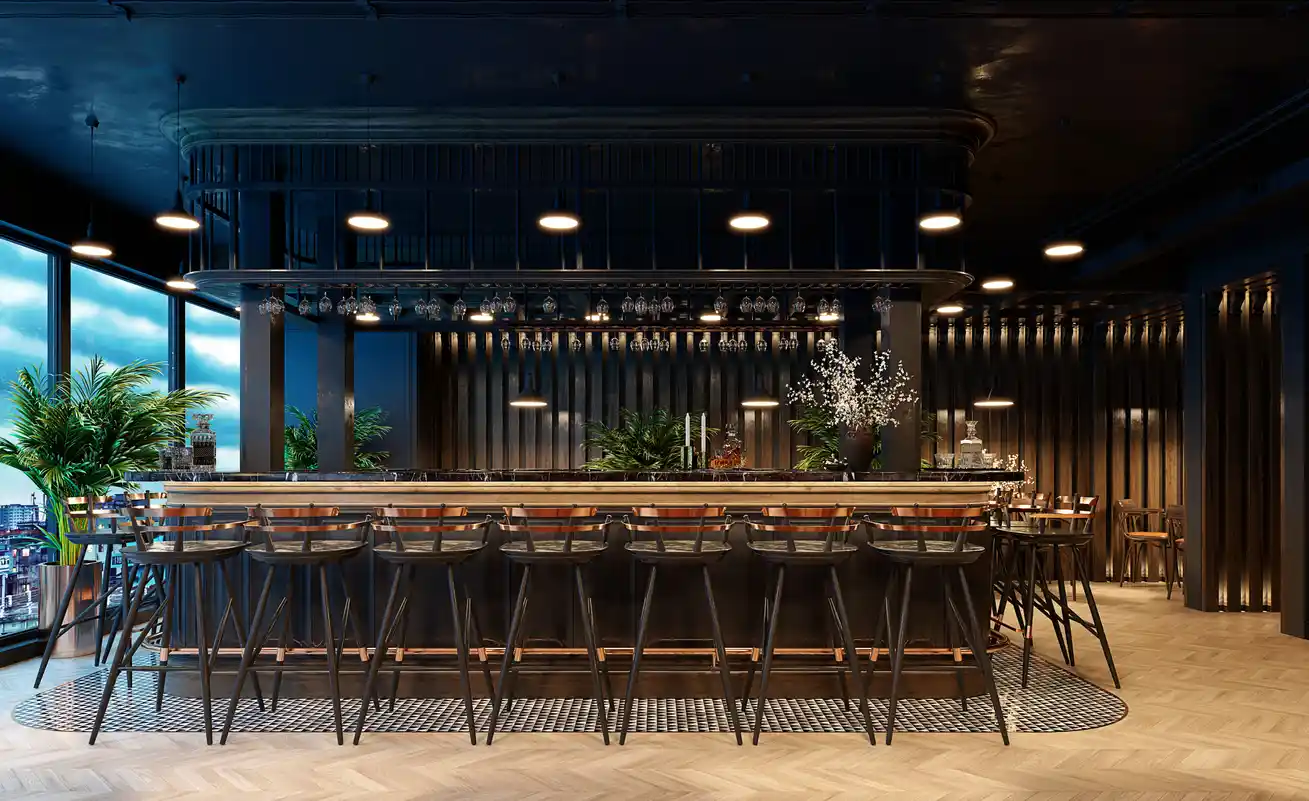 Bar counter dimensions in a finished hotel bar, with stools set along the full length of the counter