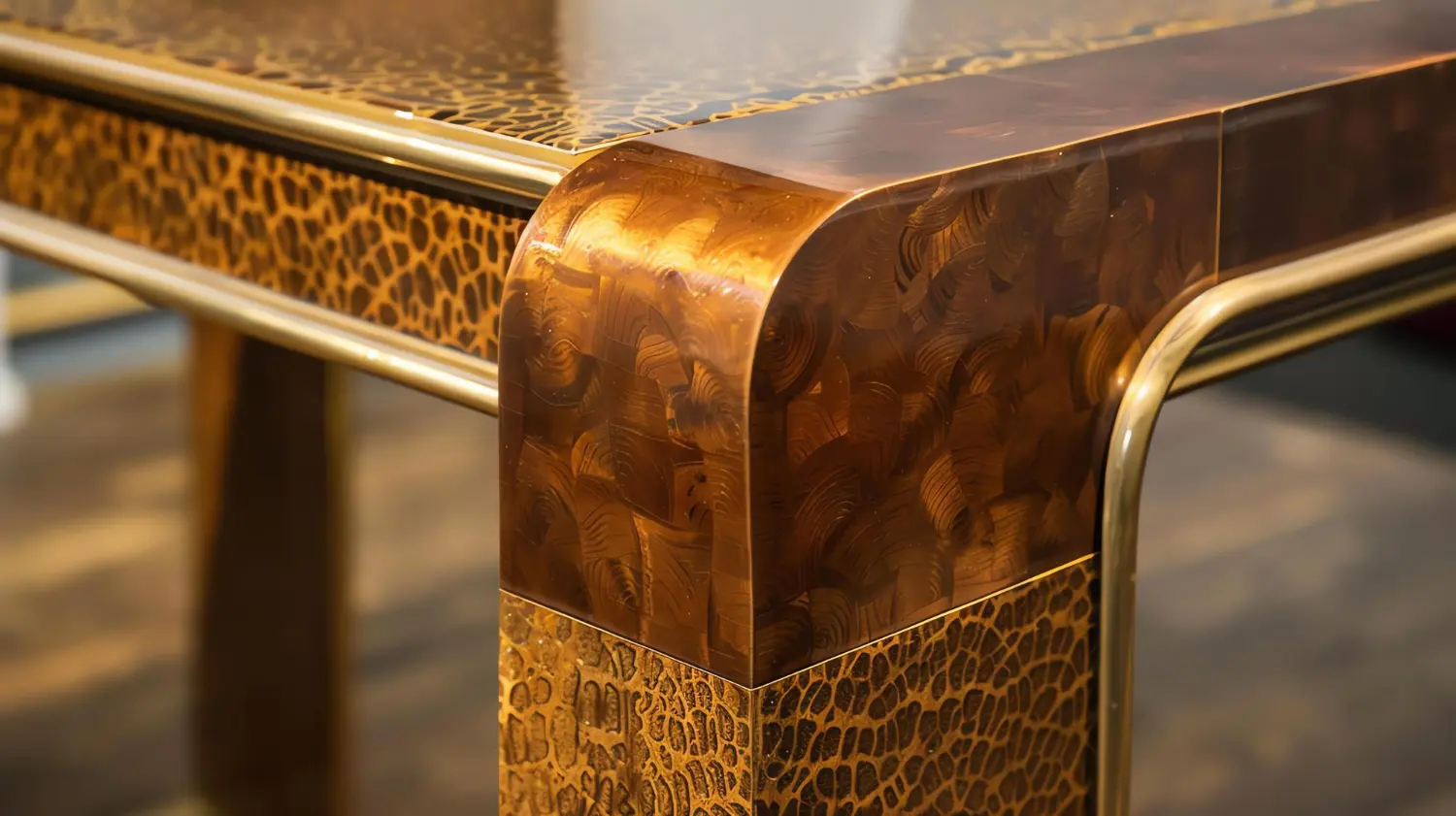 Close-up of a restaurant table corner showing the top edge profile and a slim metal leg beneath