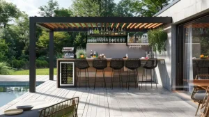 Run of dark outdoor bar stools along a garden bar counter under a slatted pergola beside a pool