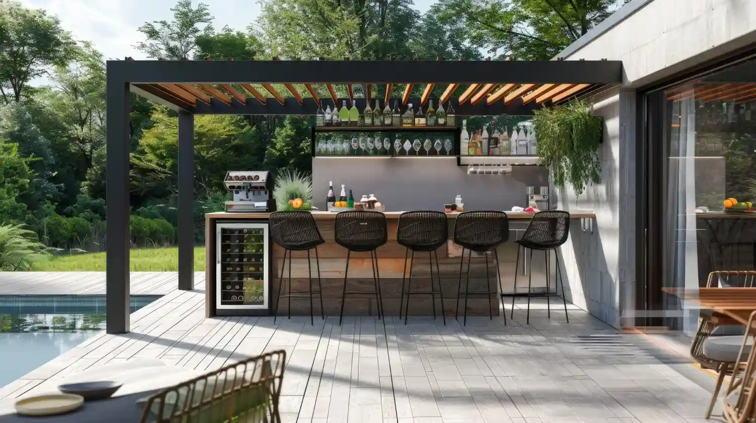 Run of dark outdoor bar stools along a garden bar counter under a slatted pergola beside a pool