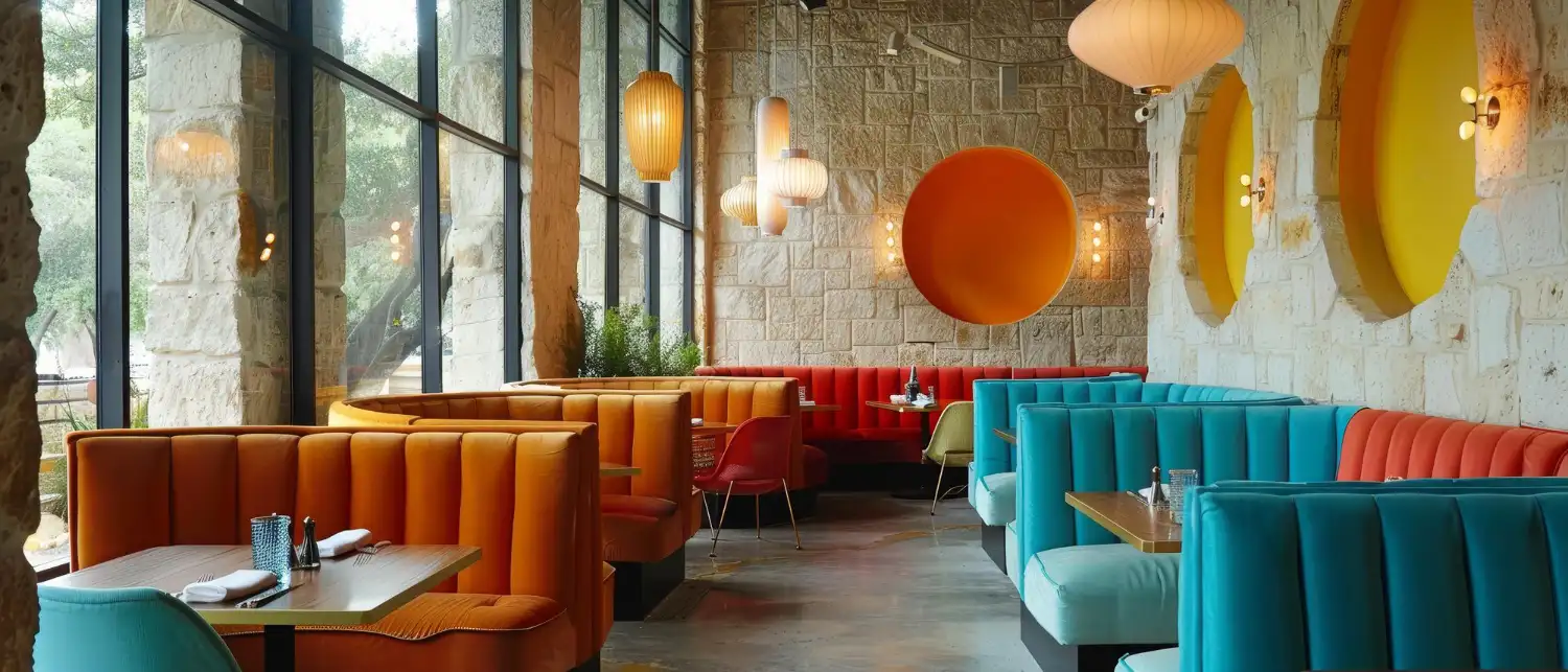 Orange and teal fluted booth seating arranged back to back and around the perimeter of a restaurant dining room