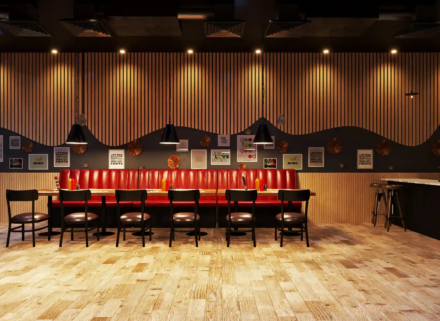 Long red banquette run along a slatted timber wall with pendant lighting above and side chairs in front
