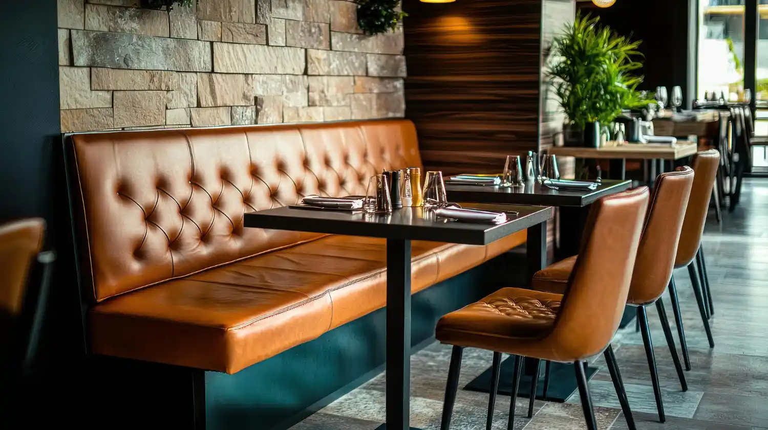 Tan leather button-tufted banquette run with dark rectangular tables and matching side chairs in a restaurant