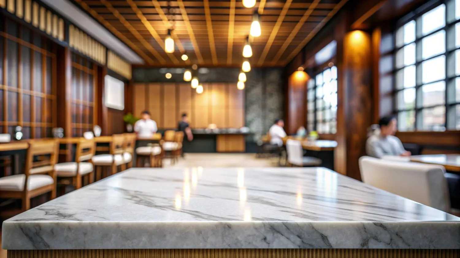 Marble restaurant table top with a thick edge, wooden chairs and upholstered seating behind