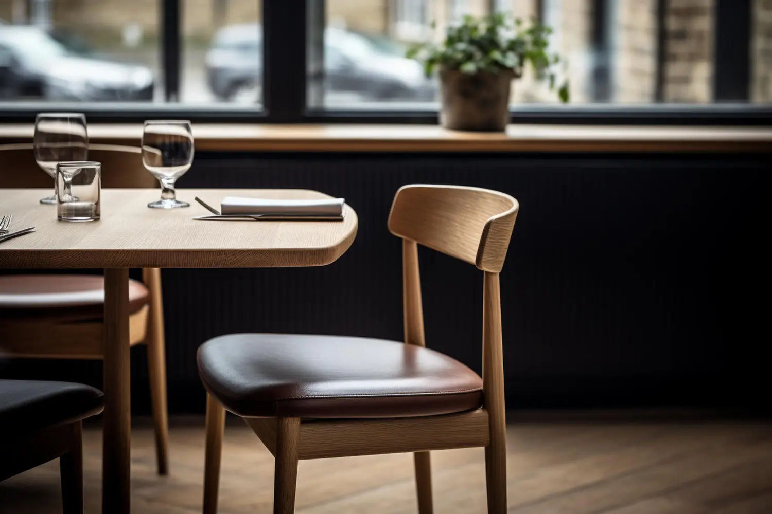 Timber restaurant chair with a plain shaped back and a dark upholstered seat pad at a window table