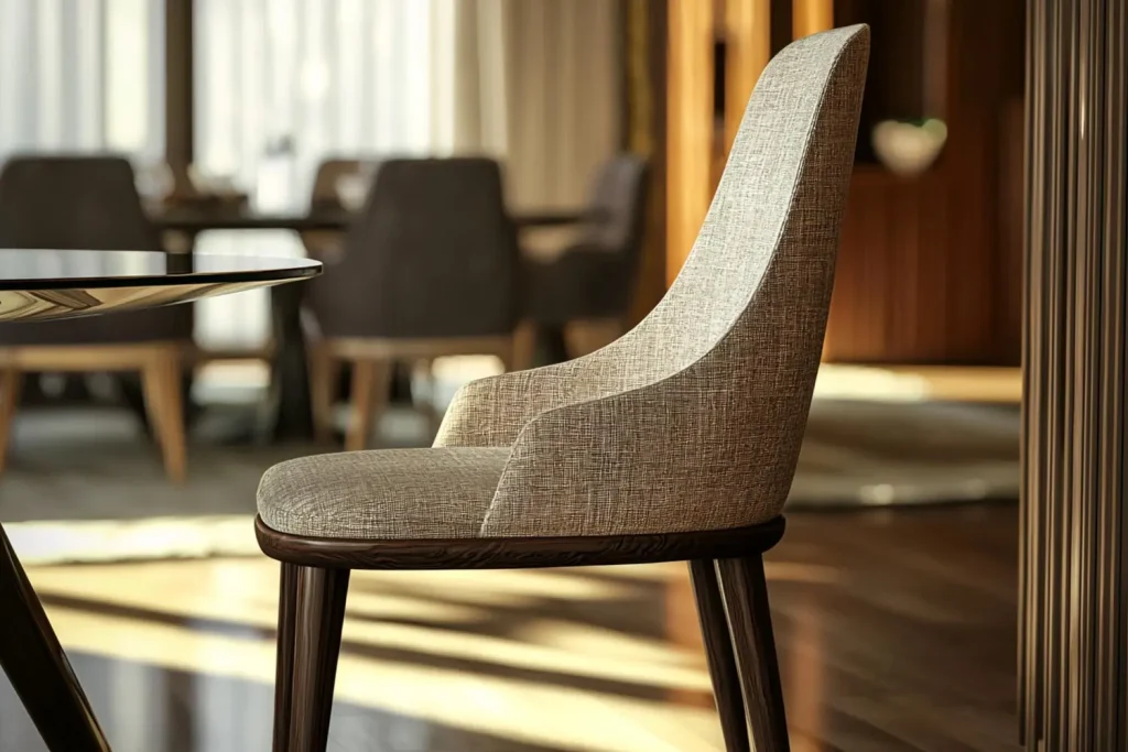 Fully upholstered restaurant chair in oatmeal woven fabric with a wrap-around back on a dark timber frame